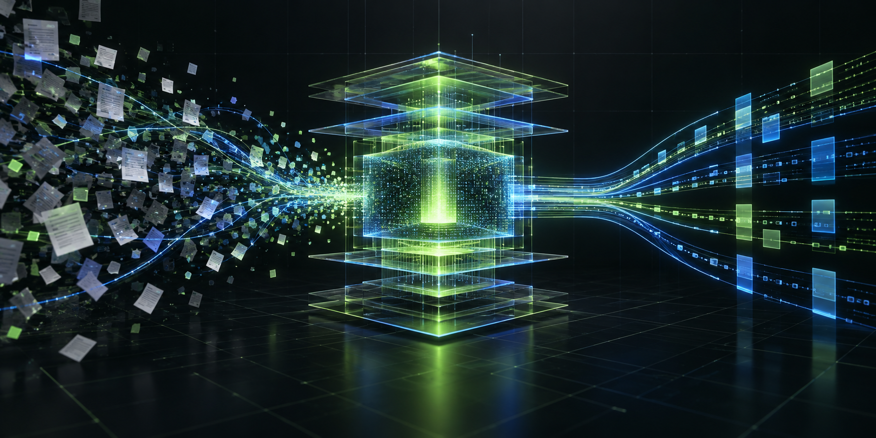 Abstract visual of structured intelligence and knowledge pathways